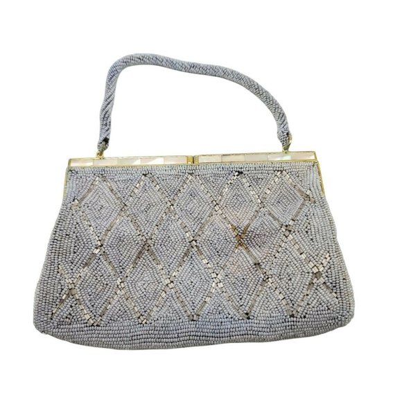 Vintage Handbags - Japan Gray Grey Bead Beaded Mother of Pearl Gold Tone Small Clutch Purse Vintage